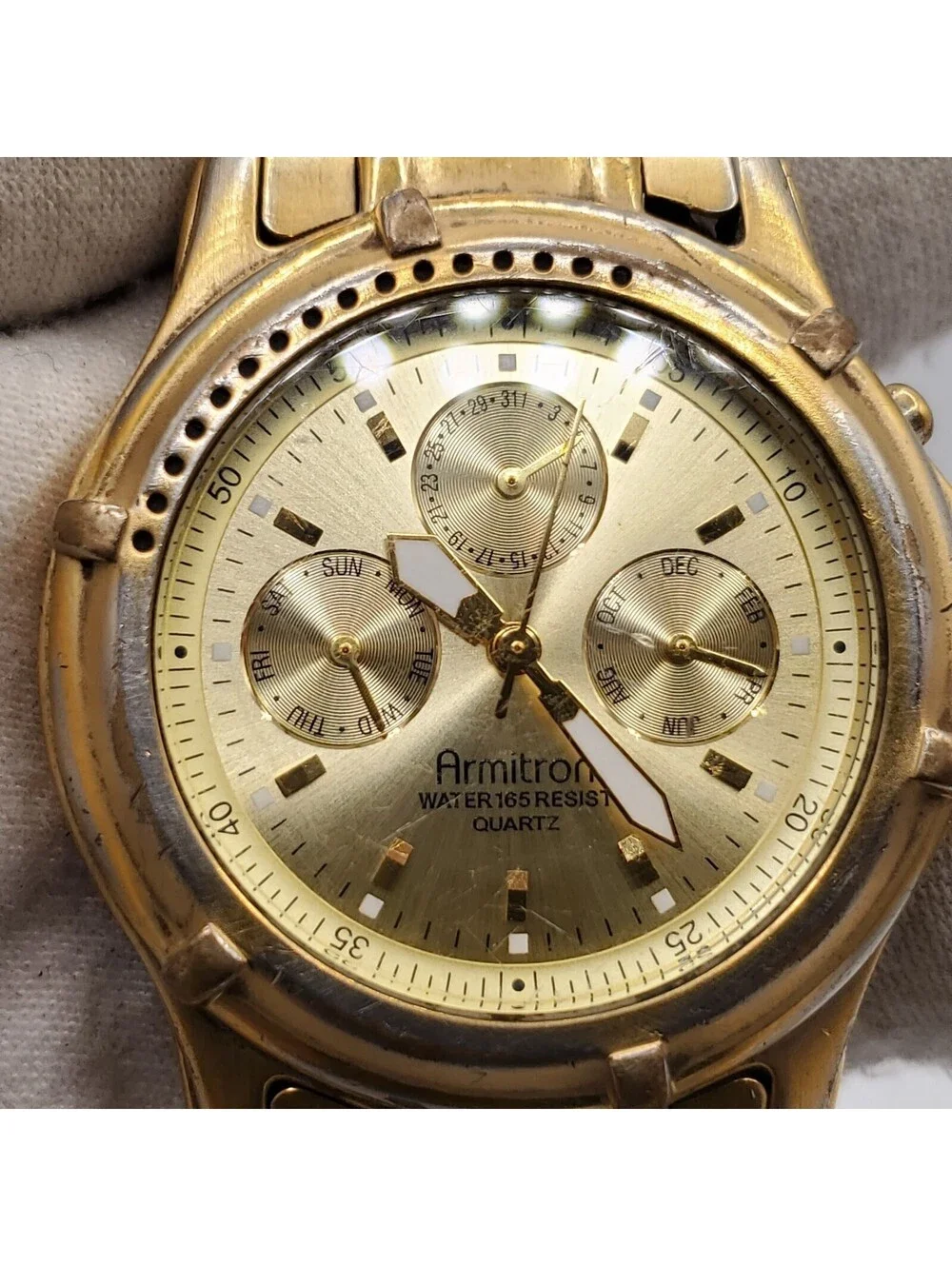 Armitron Multifunction Watch Men 37mm Gold Tone Rotating Bezel New Battery